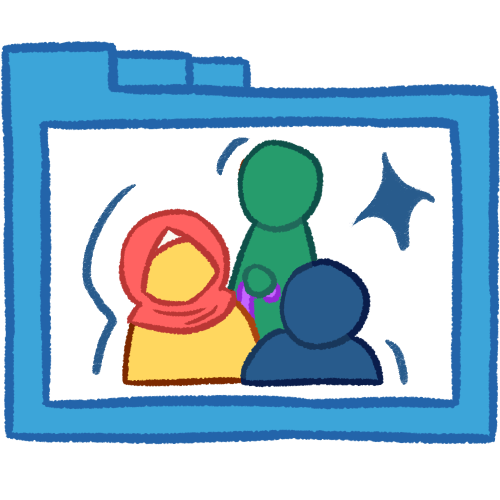 A hollow blue folder with thick lines, containing three busts of people at various heights. One is green, one is blue, and one is yellow. The green person is holding a purple cane and the yellow person is wearing a pink hijab. There are dark blue lines around the people and a large sparkle. 